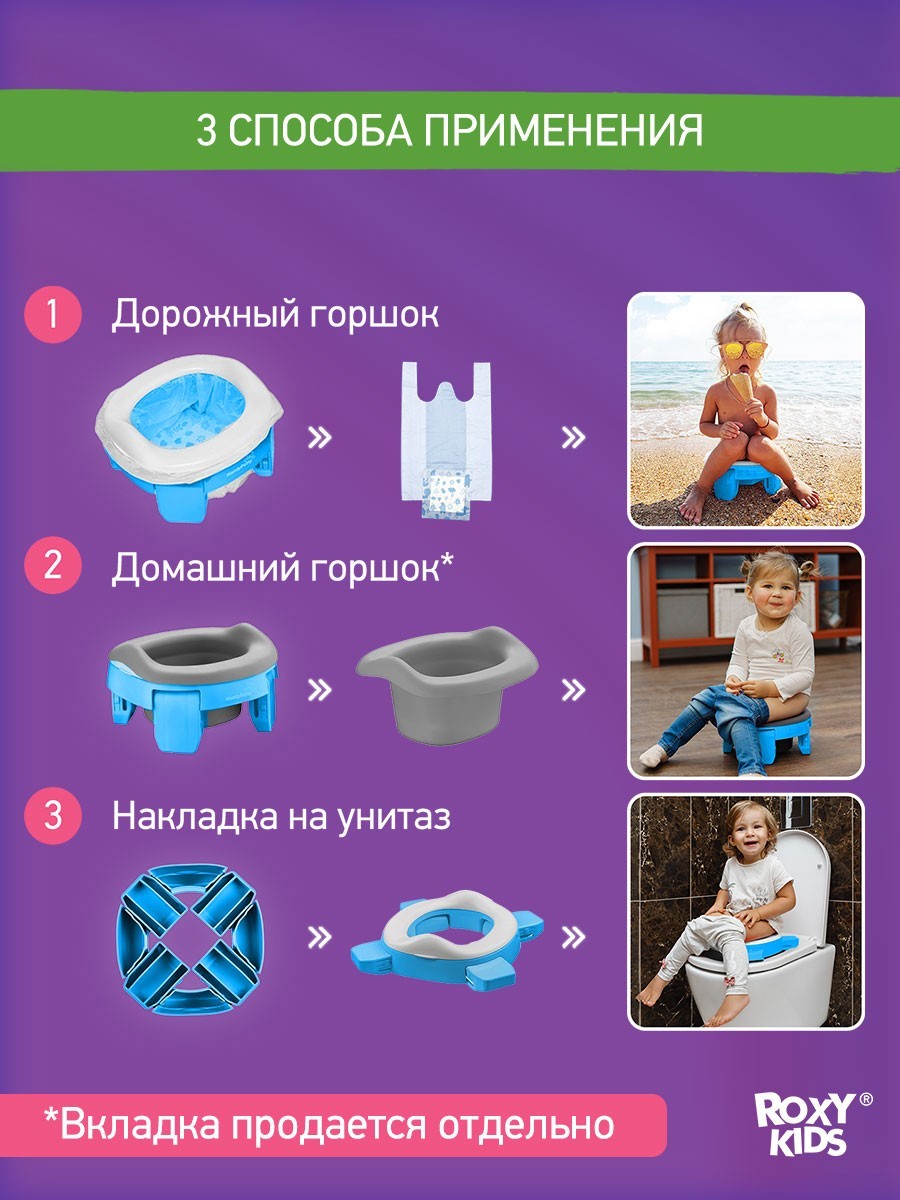 Горшок дорожный складной и насадка на унитаз HandyPotty от ROXY-KIDS с  тремя пакетами, цвет голубой